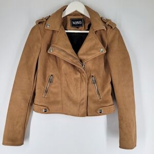 XOXO Womens Brown Faux Suede Moto Jacket Size S
